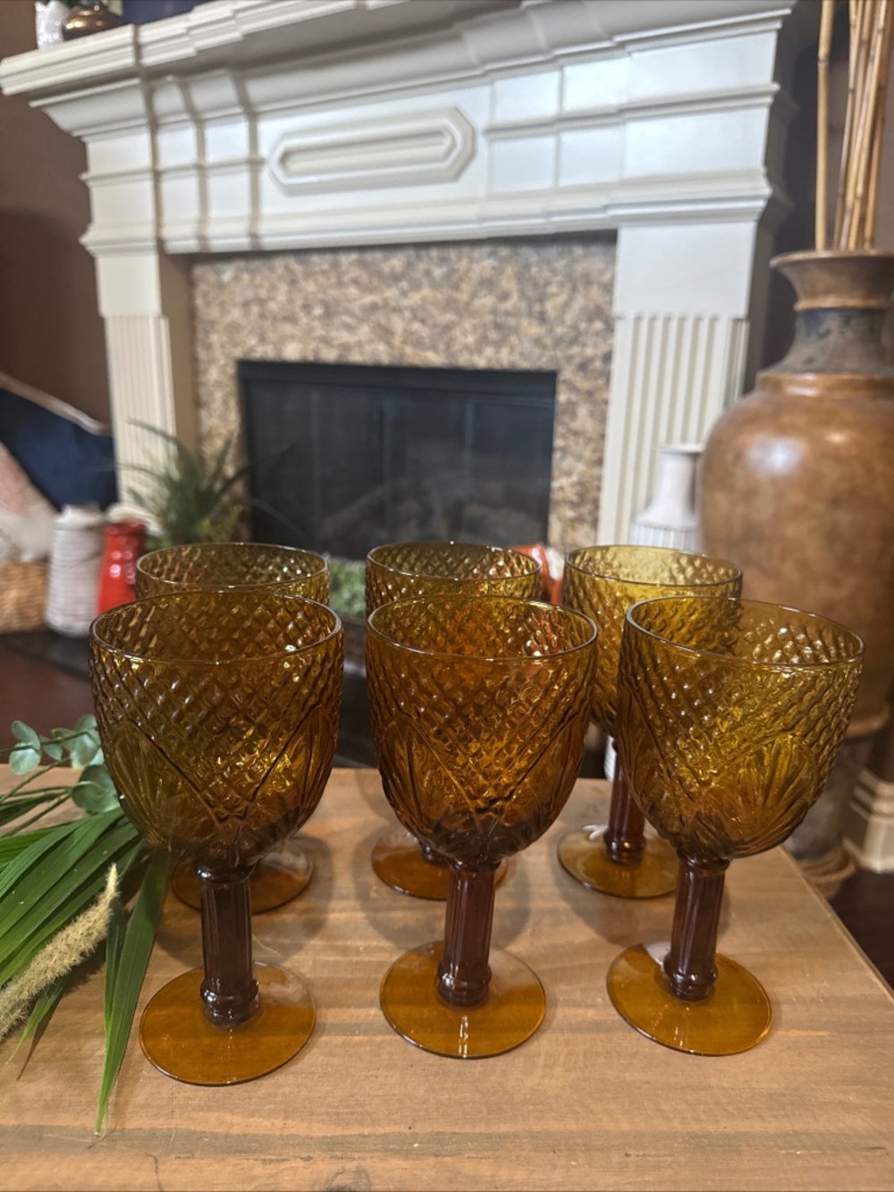 6 Vintage Embossed Amber Diamond Leaf Glasses / Wine Goblets 7" 12 Oz